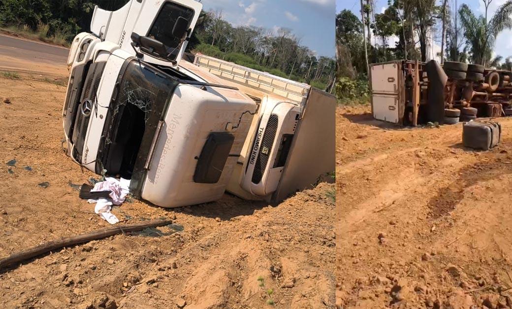 Acidente com caminhão câmara fria deixou homem ferido na Rodovia do Vale entre Juara a Juína