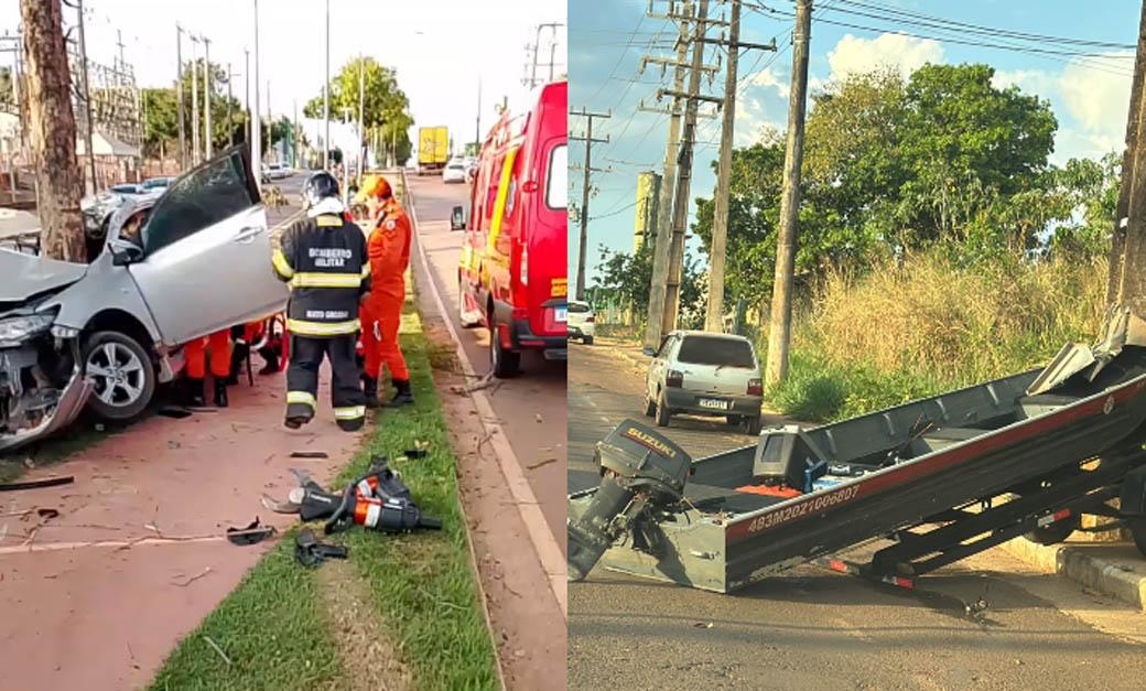 Impacto contra árvore destrói Corolla e deixa empresário gravemente ferido em Juara